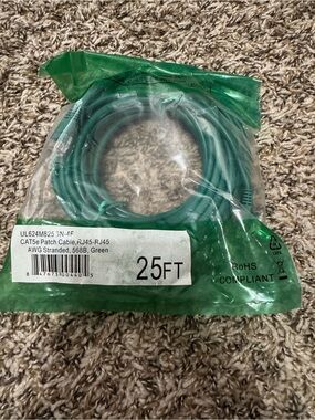 25ft Green Cat5e Ethernet Patch Cable - RJ45 Network Cord